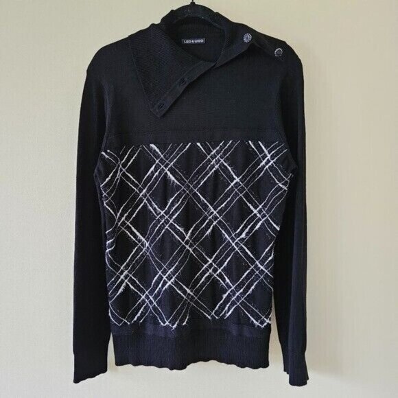 Leo & Ugo Sweater Womens L Black Argyle LS Cowl Neck Goth Boho Whimsigoth Y2K - Picture 13 of 13